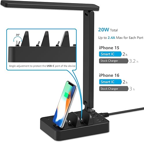 Miniatura 2 de Drevet Lámpara LED de escritorio, Touch Cotrol pequeña lámpara de mesa con 3 cargadores USB C, 2 tomas de corriente alterna, 3 modos de luz, 3