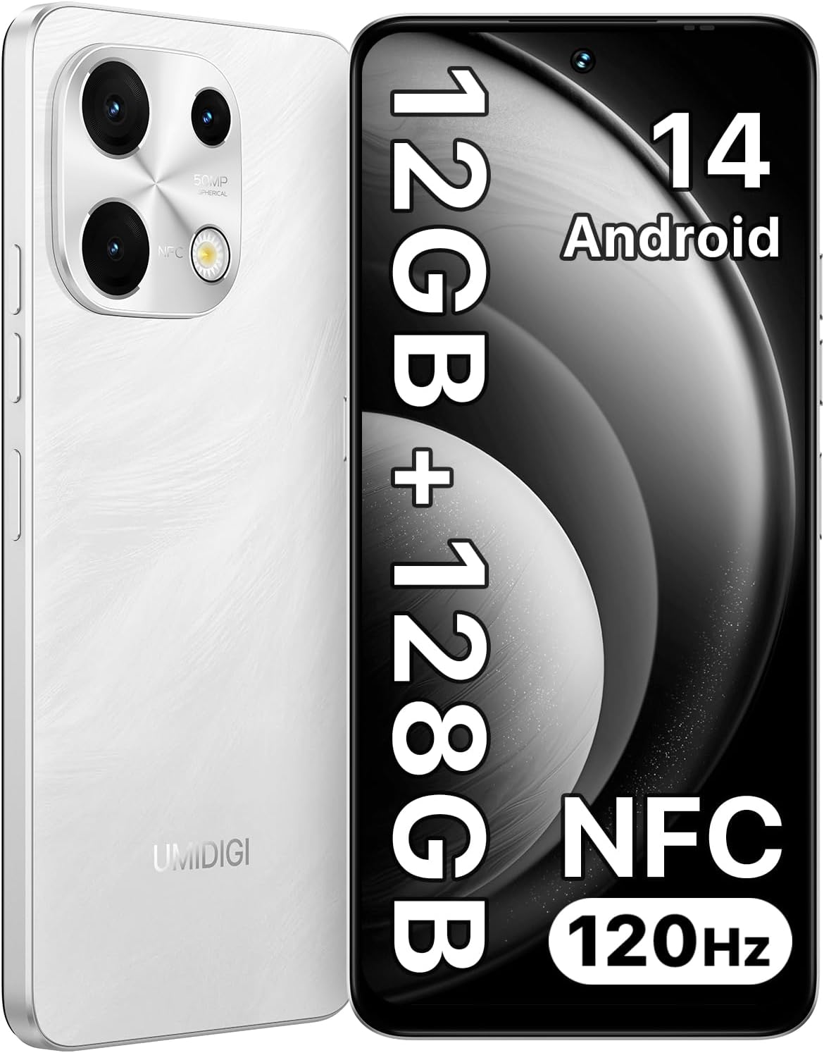 UMIDIGI Note 100 Mobile Phones,Android 14 Phone, 12(6+6) GB +128GB/1TB Smart Phone, 6.8"+ 120Hz, 50MP, 4G Dual SIM Free Unlocked Mobile Phones, 5000mAh, NFC/FaceID/Fingerprint, USB-C Cable Only,White