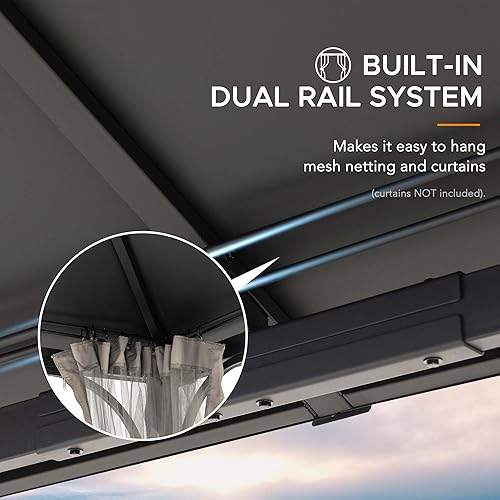 Miniatura 4 de SUNJOY Gazebo de techo rígido de 10 x 12 pies, con marco de acero resistente para exteriores, pabellón de doble techo con gancho de techo y paredes