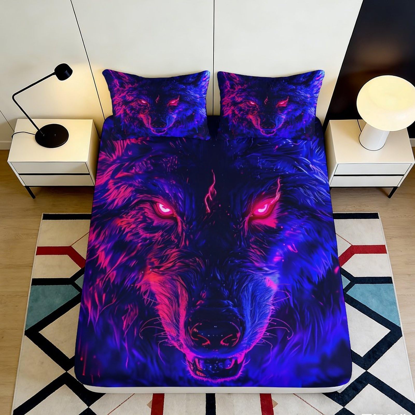 Pnayamiorkfel Style-4 3D Printed Neon Wolf Fitted Sheet Microfiber Soft Breathable Dark Forest Bed Cover For Bedroom Dorm Decor 90X200x25cm