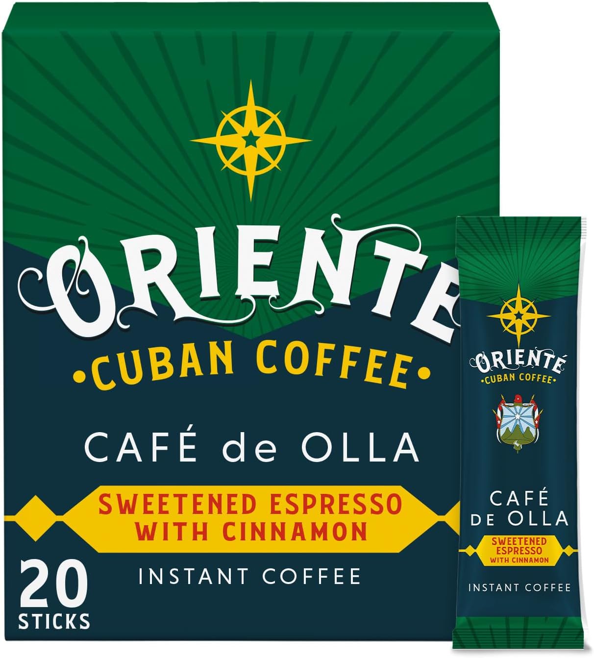 - Oriente Dark Roast Instant Coffee, 20 ct, Sweetened Espresso – 100% Arabica Coffee, Instant Hot or Iced Coffee - Just add water