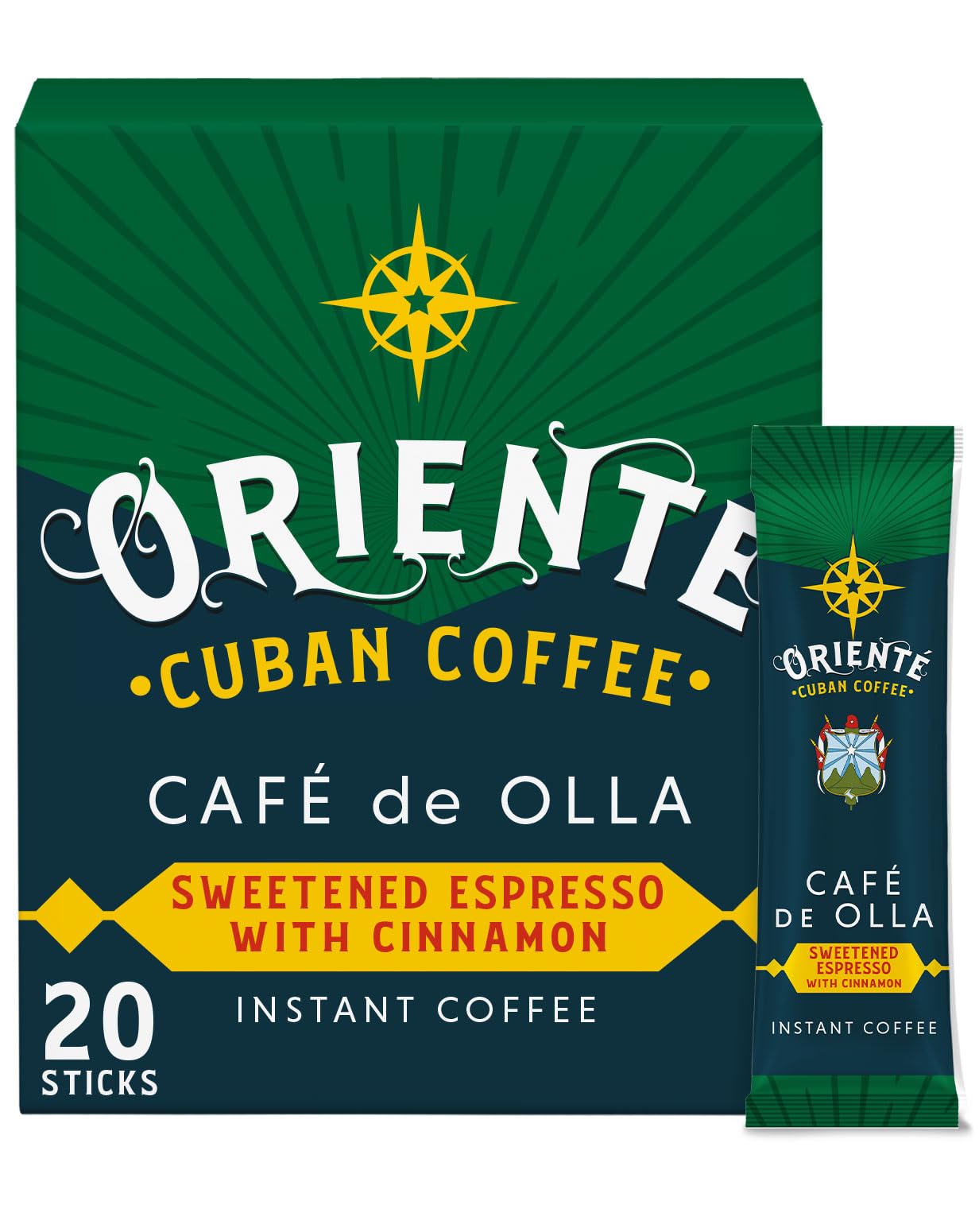 Oriente Dark Roast Instant Coffee, 20 ct, Sweetened Espresso – 100% Arabica Coffee, Instant Hot or Iced Coffee - Just add water