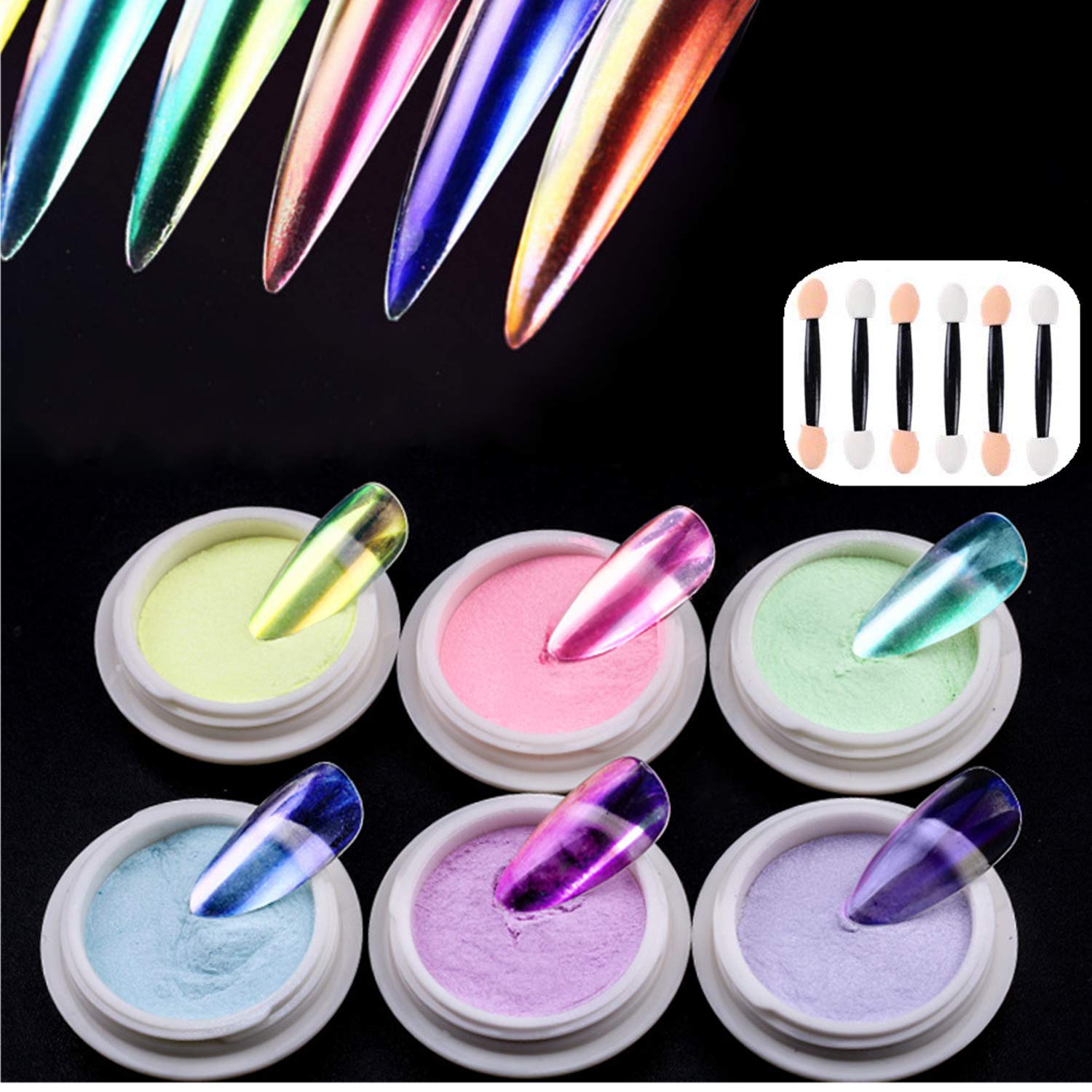 XIAOHONG 6 Colors Mermaid Chrome Nail Powder Ice Transparent Aurora Powder Mirror Effect Holographic Aurora Iridescent Pearlescent Nail Glitter With 6pcs Eyeshadow Sticks