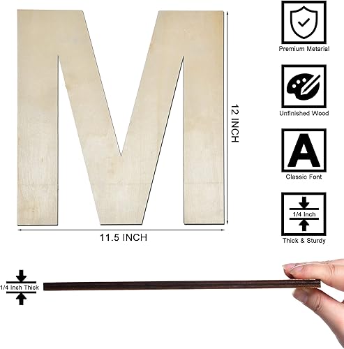 Miniatura 2 de Letra M de madera de 12 pulgadas de grosor, letra de madera grande sin terminar de 14 de pulgada de grosor para decoración de pared del hogar,