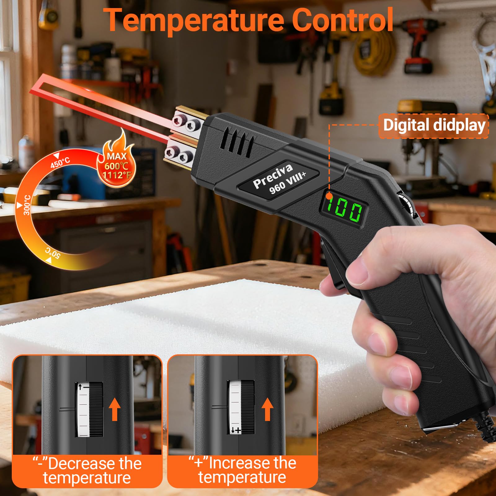 Preciva Couteau Électrique à Chaud - Découpeur de Mousse de Affichage Numérique avec 4 Lames, 0-600°C Chauffage Rapide, Outils Coupe Thermique pour Polyéthylène, Éponge, Caoutchouc, EPE, Panneaux KT