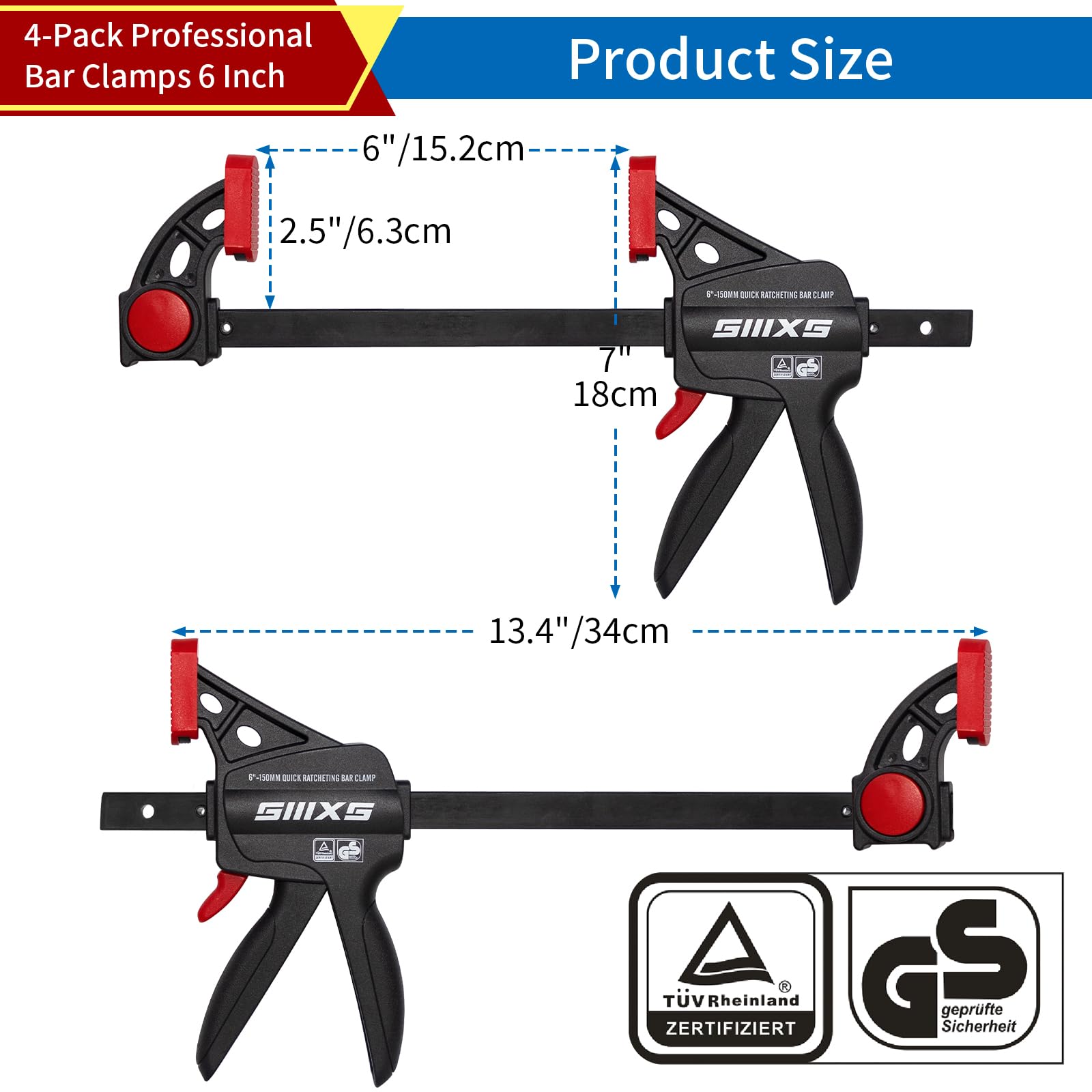 SIIIXS Professional 4-Pack Bar Clamps for Woodworking with GS Certificate 6" Quick-Release Ratcheting F Clamps with 177 LBS Load Limit - Image 2