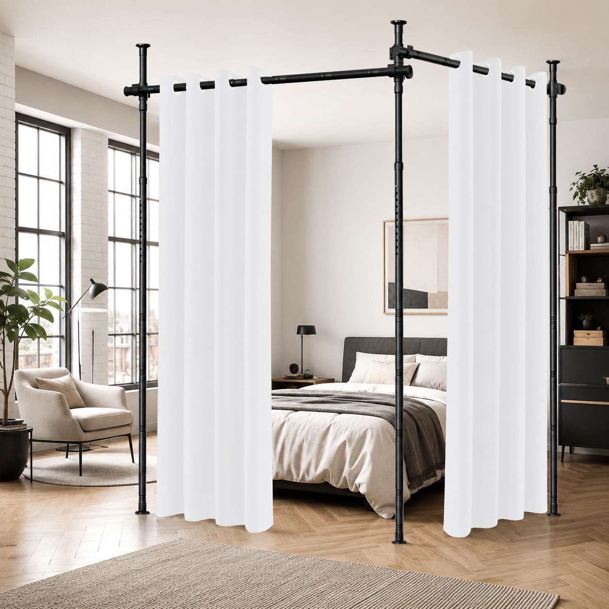 Divisor de ambientes, barra de cortina sin taladrar, independiente, separador de habitaciones, biombo, protección visual para salón, ajustable, altura 122-320 cm, ancho 70-355 cm, sin