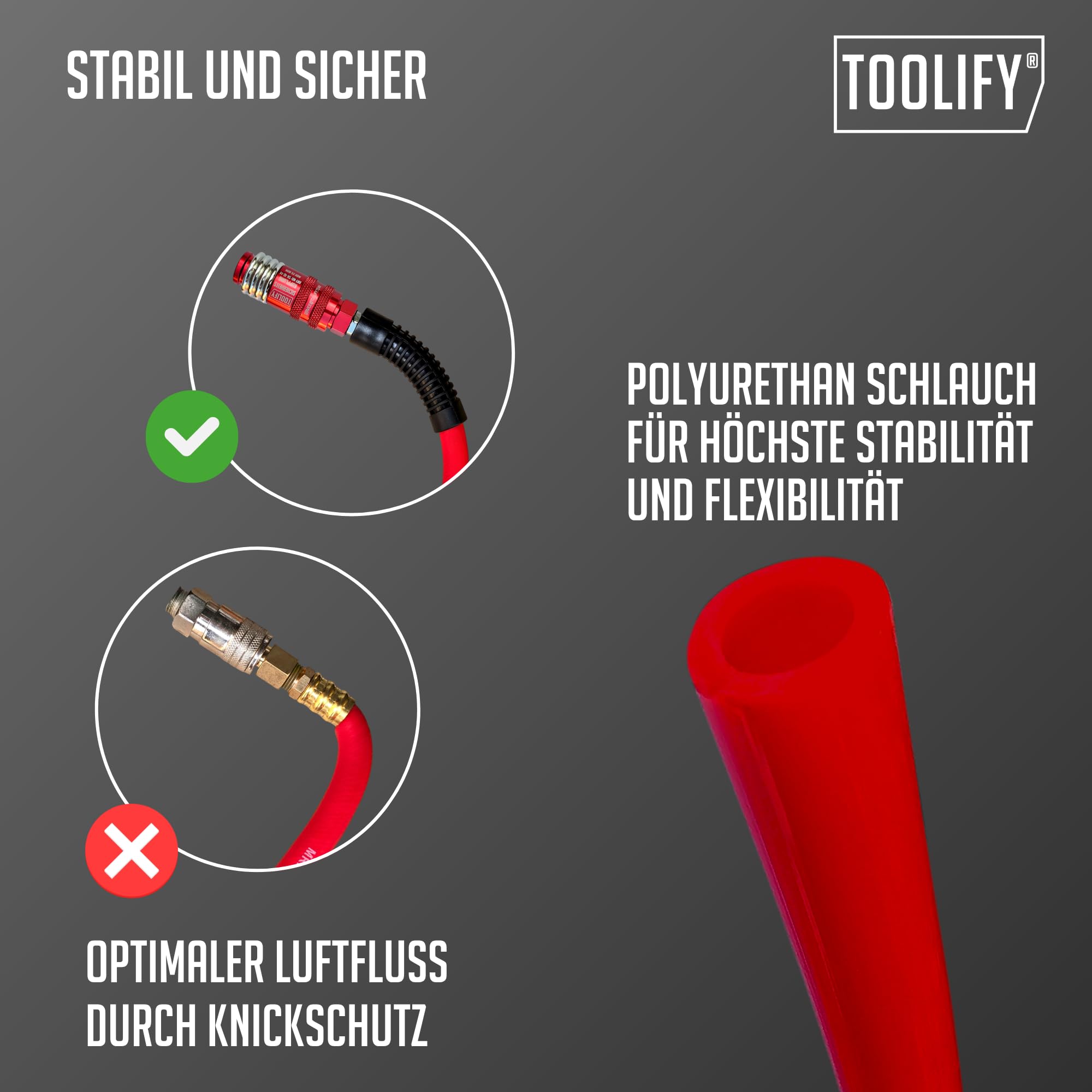 leichter Druckluft Spiralschlauch 7,5 m mit Sicherheitskupplung für Kompressor | Pneumatik Schlauch PU flexibel bis -10 °C | knickfest | ölbeständig | selbst zusammenziehend | max 10 bar