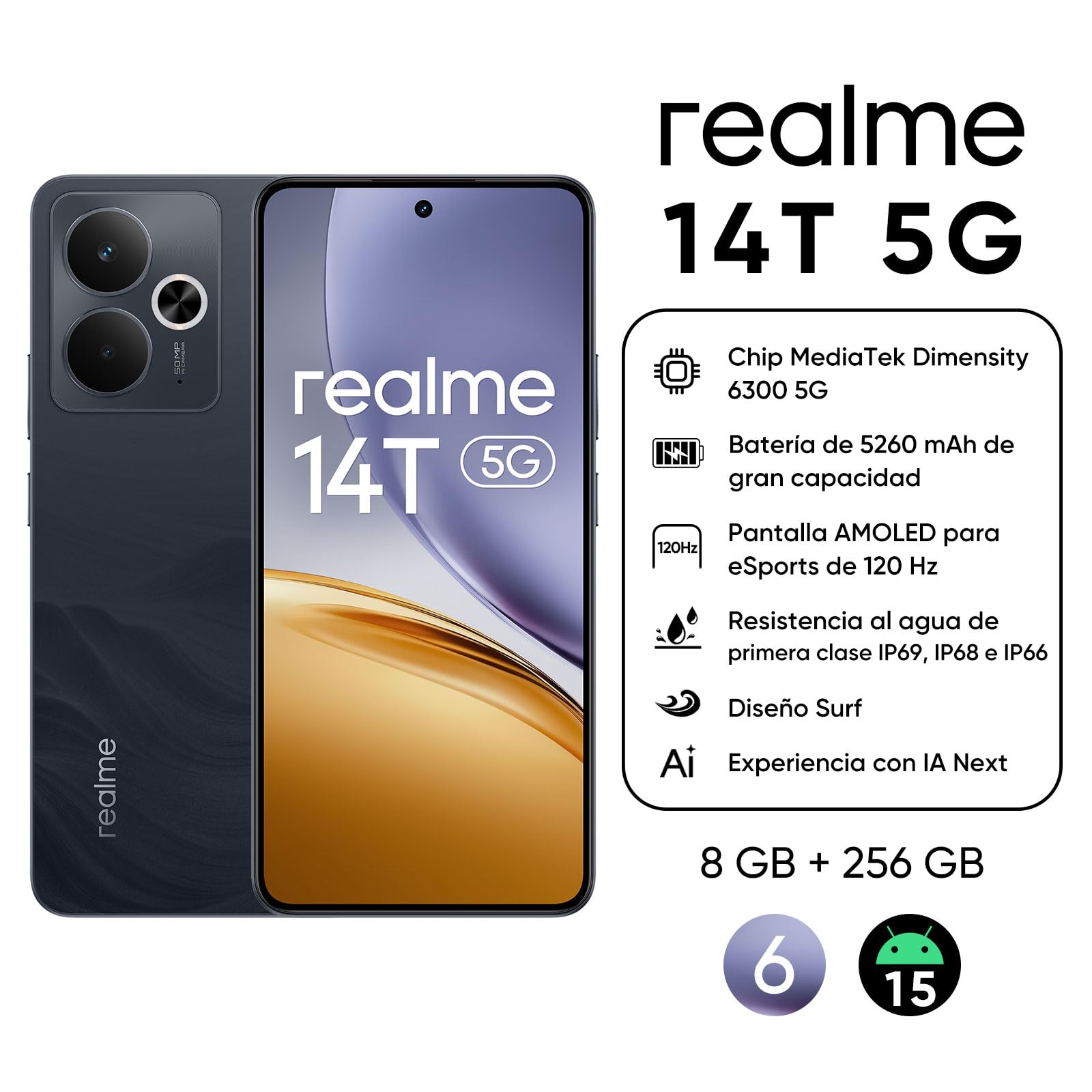 realme 14T 5G Smartphone de 8GB+256GB, procesador Dimensity 6300, Pantalla AMOLED para Esports de 6,67" y 120Hz, batería de 5260mAh, Resistencia al Agua IP69, Next Ai, Obsidiana Negra (sin Adaptador)