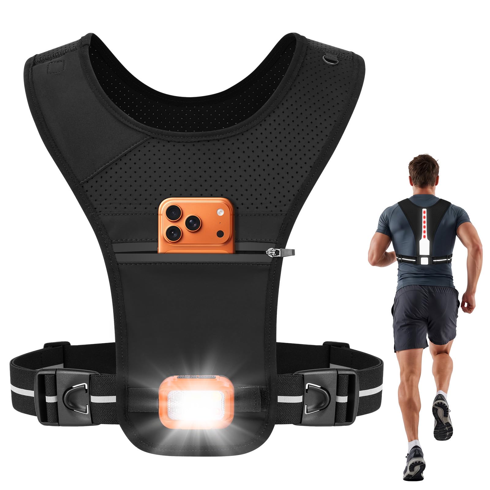 MOKURA Running Vest with Light for Women Men, Phone Holder Reflective Vest