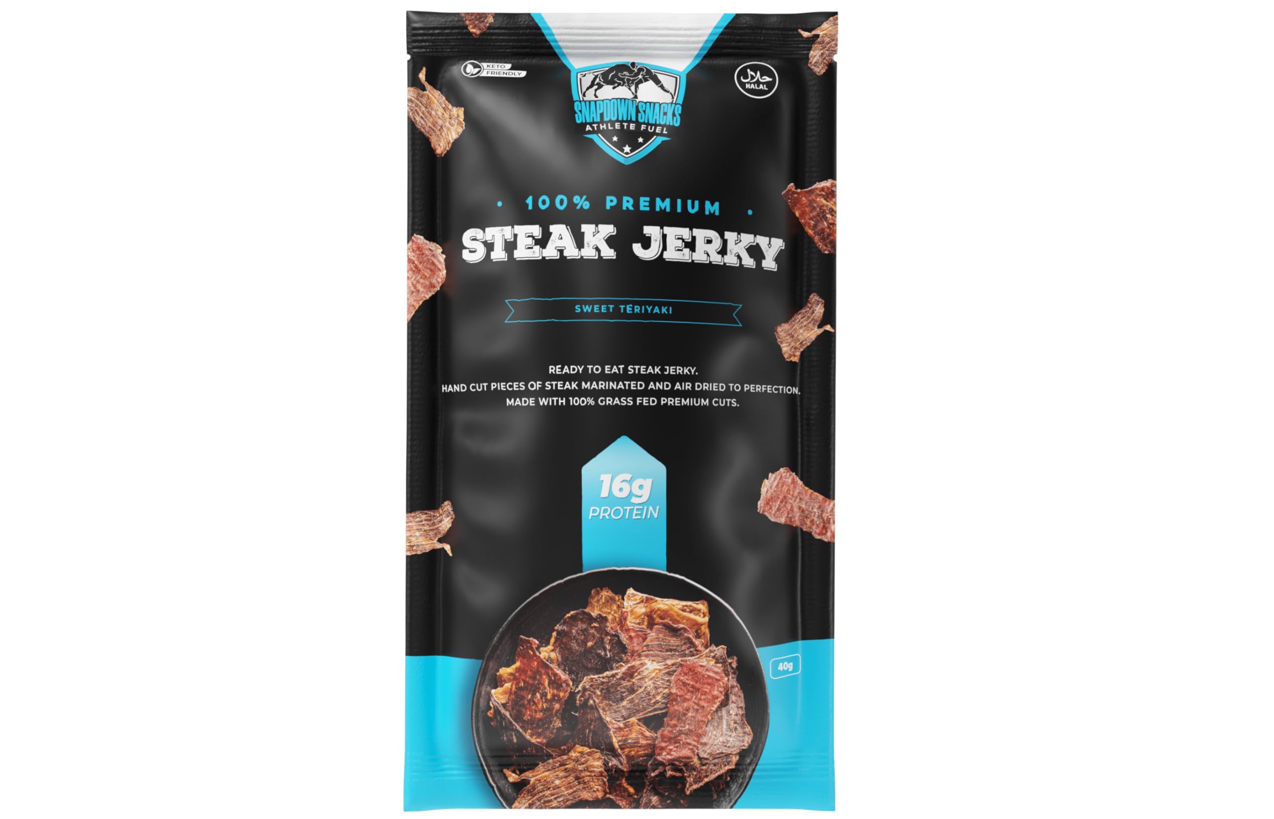 SNAPDOWN SNACKS - High Protein Jerky Original Meat Snacks with Flavorful Strips - Halal Beef steak Jerky Snacks Pack for Great Protein (12 count (Pack of 12), Sweet Teriyaki)