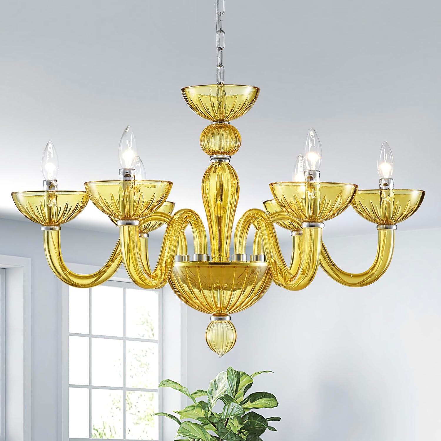 Saint Mossi 6 Light Crystal Chandelier, Modern Dining Room Light Fixture, Yellowish Green Crystal Pendant Light for Bedroom Livingroom, S Glass Tube, D30xW30xH20, E12 Socket