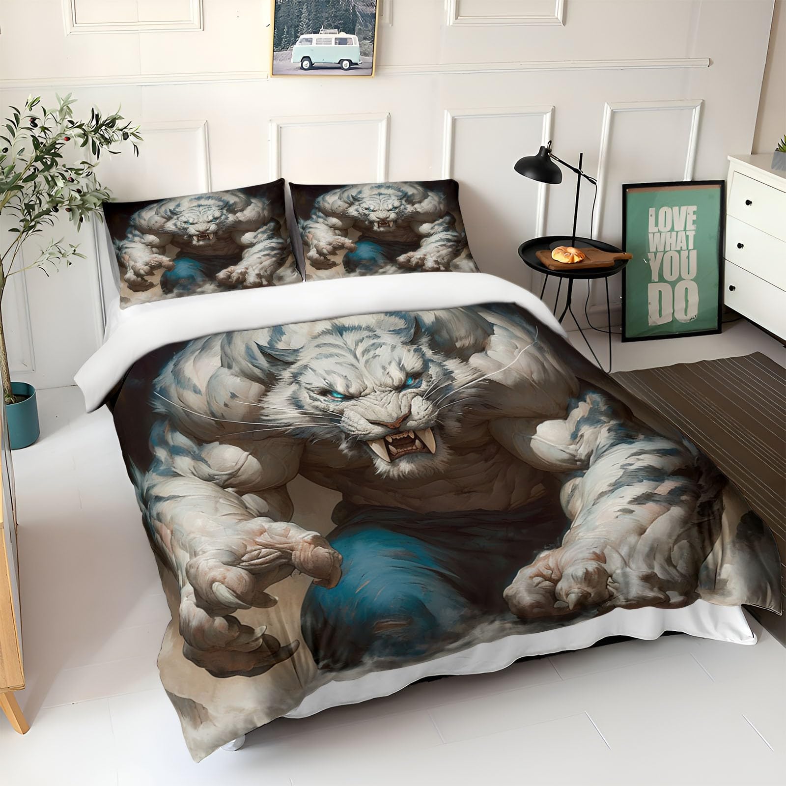 Poszewka na kołdrę podwójny anime biały tygrys zestawy pościeli z nadrukiem miękka mikrofibra poszewka na kołdrę 200 x 200 cm i 2 poszewki na poduszki 50 x 75 cm z zapięciem na zamek błyskawiczny dla