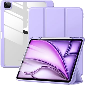 for iPad Air 13 inch Case M4 2026 / M3 2025 / M2 2024 / iPad Pro 12.9 inch Case 6th/5th/4th/3rd Generation 2022/2021/2020/2018, Built-in Pencil Holder, Clear Back Shell, Lavender