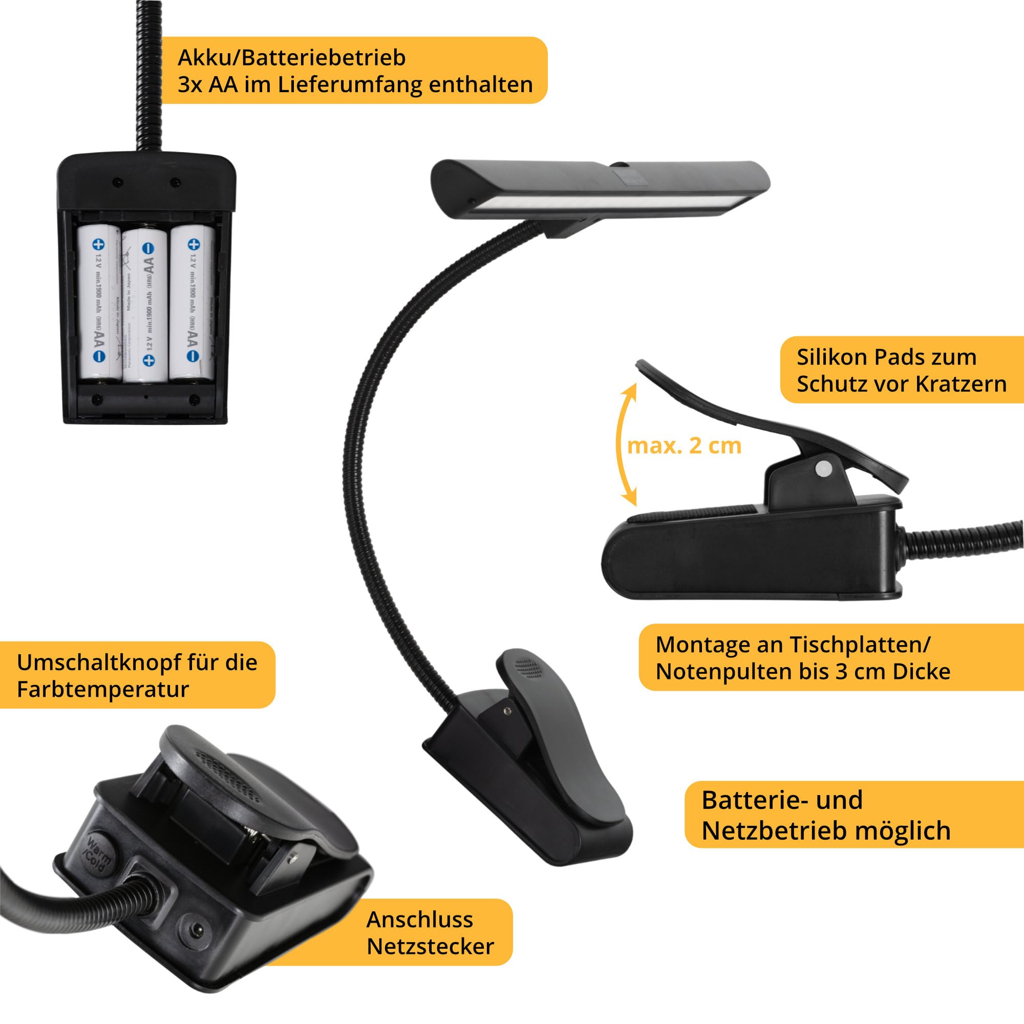 Classic Cantabile SM Notenpultleuchte Easy - Dimmbare, flexible Klemmlampe LED mit Memory-Funktion - Tischlampe mit Schwanenhals - Warm-weißes Licht, 18 LEDs - Pultleuchte - Klavierlampe in Schwarz