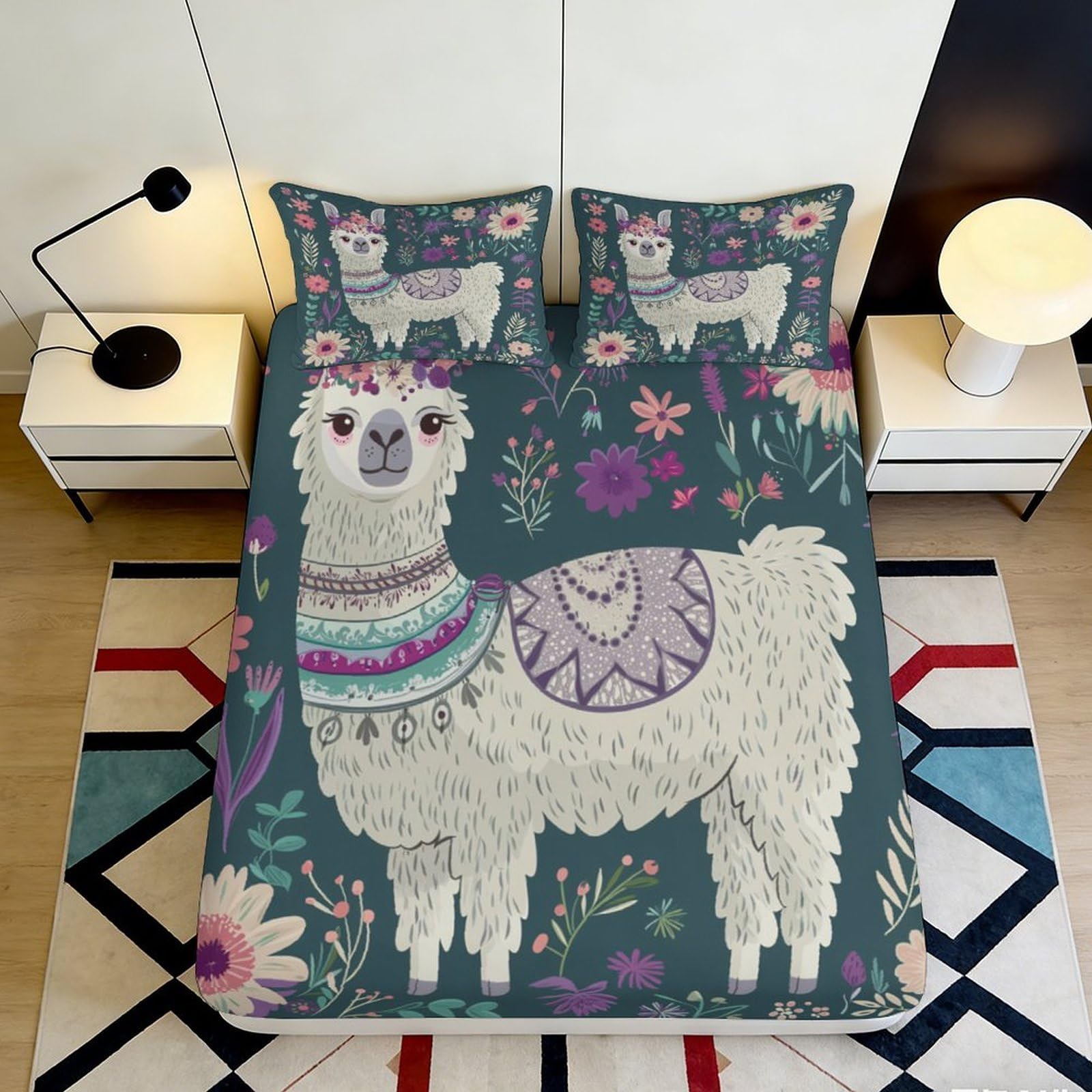 3D Printed Llama Floral Fitted Sheet Microfiber Soft Mattress Cover Anti-Slip Bedroom Decor Machine Washable for Home 90x200x25cm