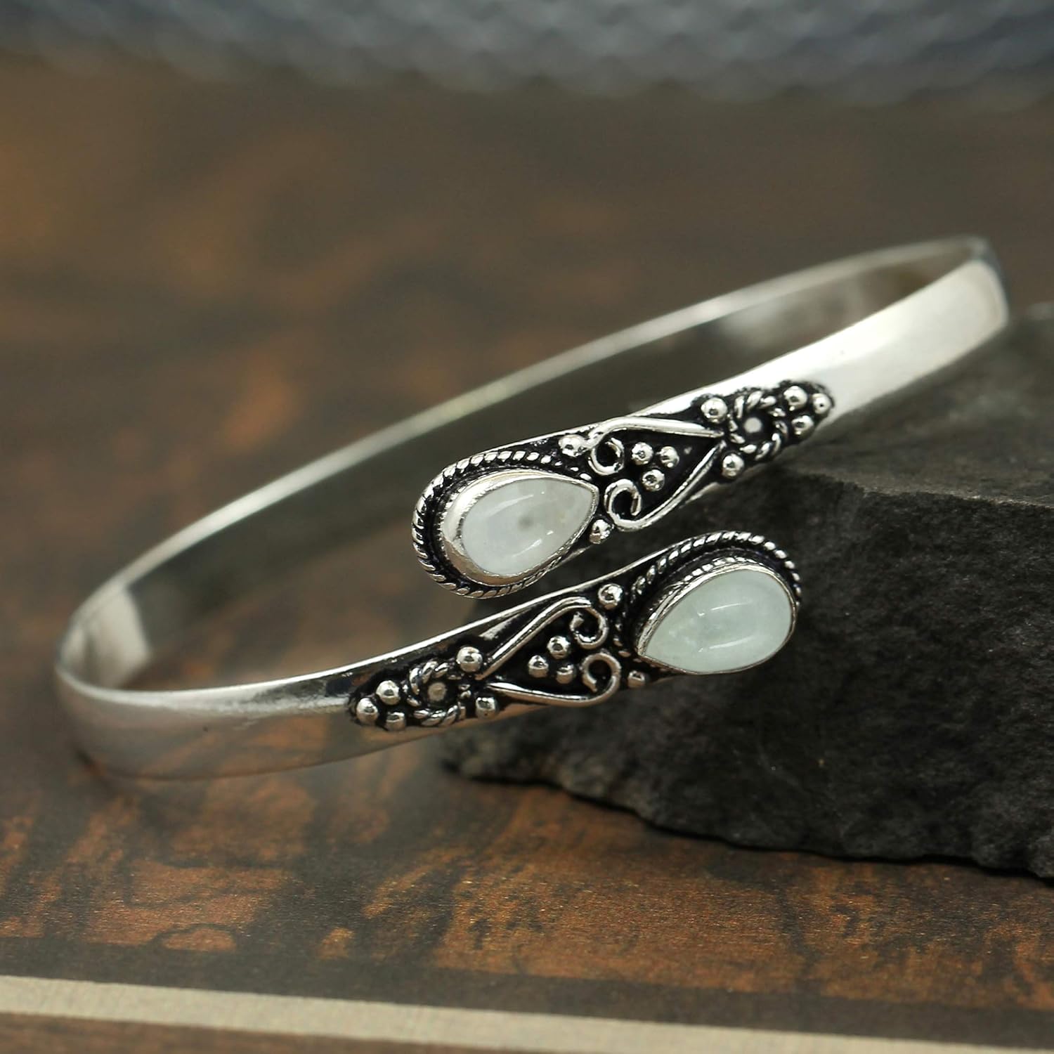 Pear Shape Natural Gemstones Bangle for Women - 925 Sterling Silver Plated Handmade Cuff Bracelet - Birthstone Adjustable Open Bangle Jewelry - Gift for Wedding Anniversaries Valentine's Day Christmas - Image 6