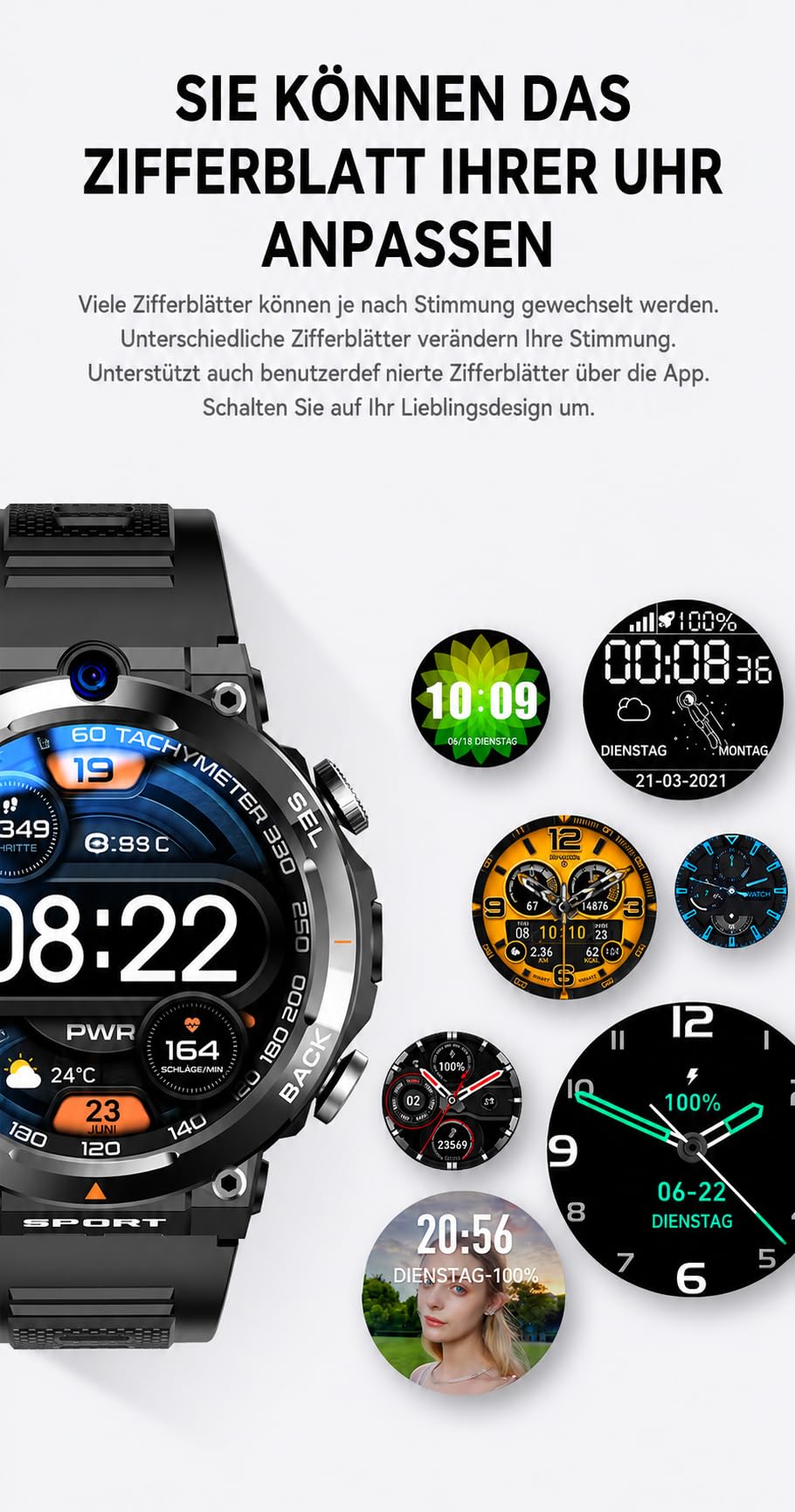 DIAWAY Smartwatch z aplikacjami Android AMOLED 4G LTE GPS WLAN SIM, zegarek fitness z funkcją telefonu, Google Play, monitor tętna, snu, krokomierz, zegarek sportowy, wodoszczelny, sportowy
