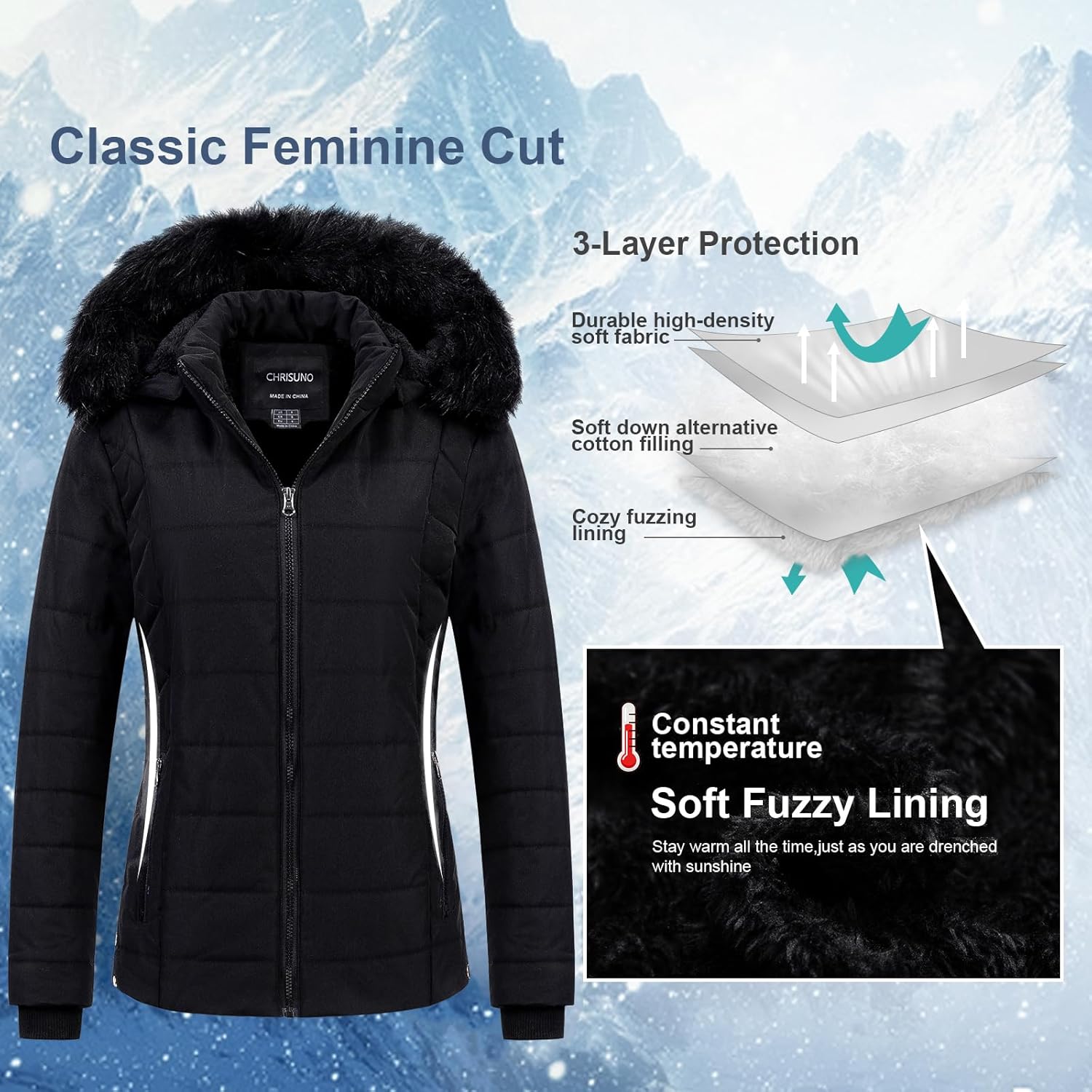 Chrisuno Women's Casual Short Winter Puffer Coat Soft Faux Fur Lining Lightweight Warm Jackets With Removable Hood - Image 4