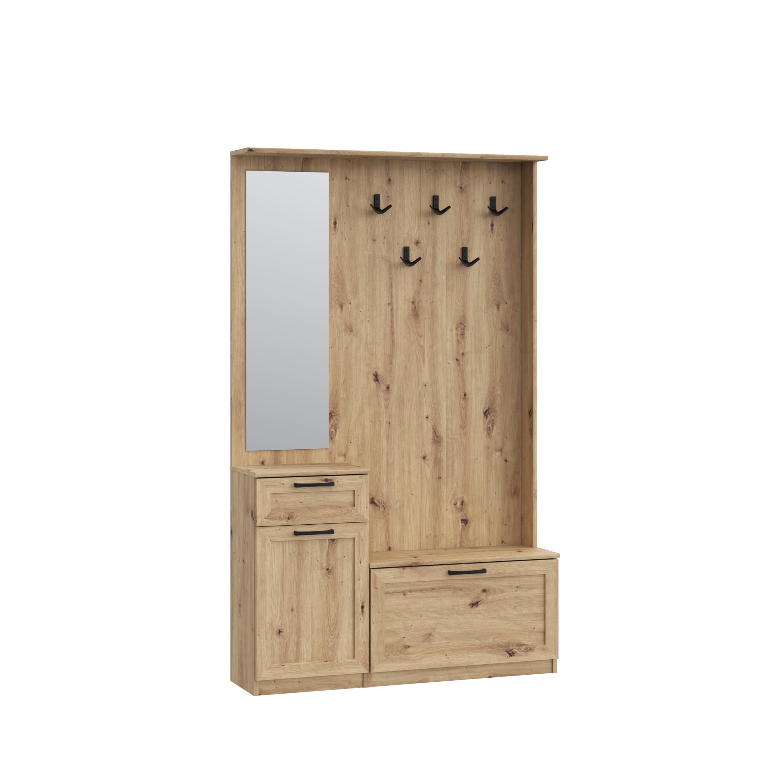 Forte NIKO Garderobe 110, Skandi-Garderobenpaneel, 1-türig, 2 Schubladen, Spiegel, Haken, Flur, Artisan Eiche Holzdekor, 110,9 cm breit x 181,5 cm hoch x 29,6 cm tief