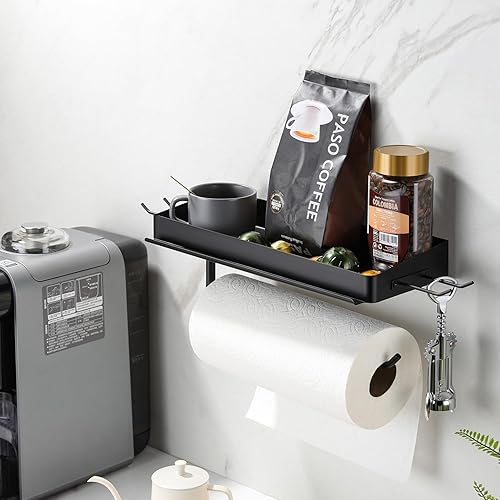Miniatura 8 de Taozun Soporte para toallas de papel con estante, soporte para papel de cocina, estante para especias, soporte para rollos de papel negro, soporte