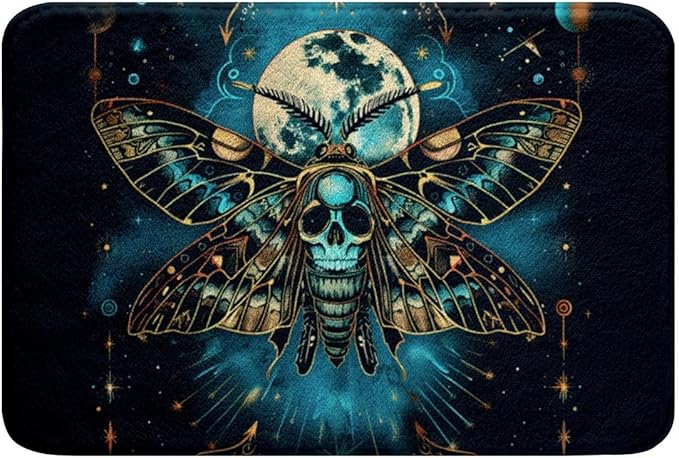 Erosebridal Death Moth Doormat for Boys Girls Boho Exotic Rugs Teens Kids Halloween Decor Gothic Style Area Rug Sugar Skull Print Bath Mat Happy Halloween Bathroom Rugs 16