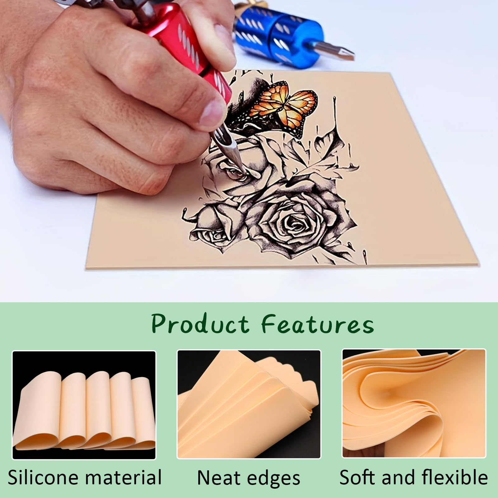 Fkereg 5 Pack Fake Skin Tattoo, 3mm Tattoo Practice Skin 15x20 cm, Thick Double Sides Real Feeling Soft Silicone Skins Sheet - Image 3