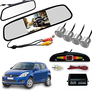 Auto Pearl 4.3 Inch TFT LCD Rearview Mirror Parking Video System with 16.5 MM for Reverse HD Camera, 4 Silver Parking Sensors Compatible with Swift (2011-2014)