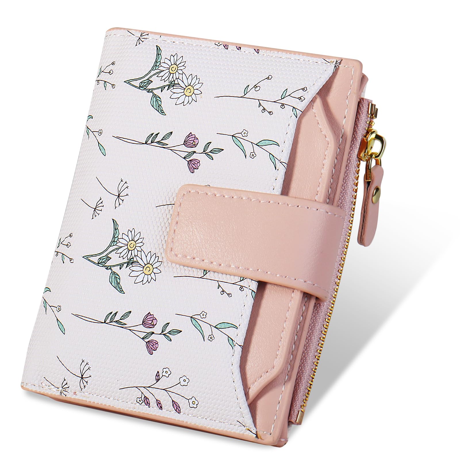 Lapensa Small Womens Wallet-soft Leather RFID Blocking Bifold Zipper Pocket Credit Card Purse-Floral Pattern Wallet with ID Window (pink)