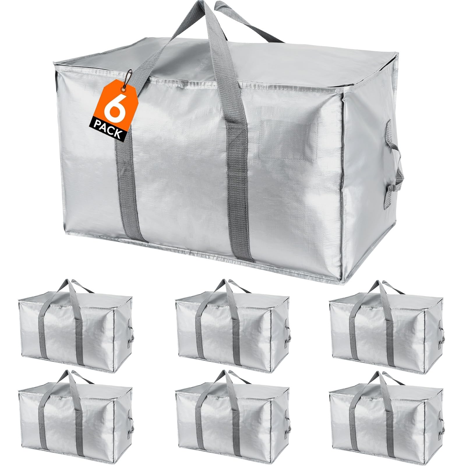 BEWOS 6 Pcs Heavy Duty Moving Bags 85L - Large Waterproof Storage Bags with Zips, Reinforced Handles, Foldable Packing Bags for Travelling, Home, College Dorm, Christmas Decor