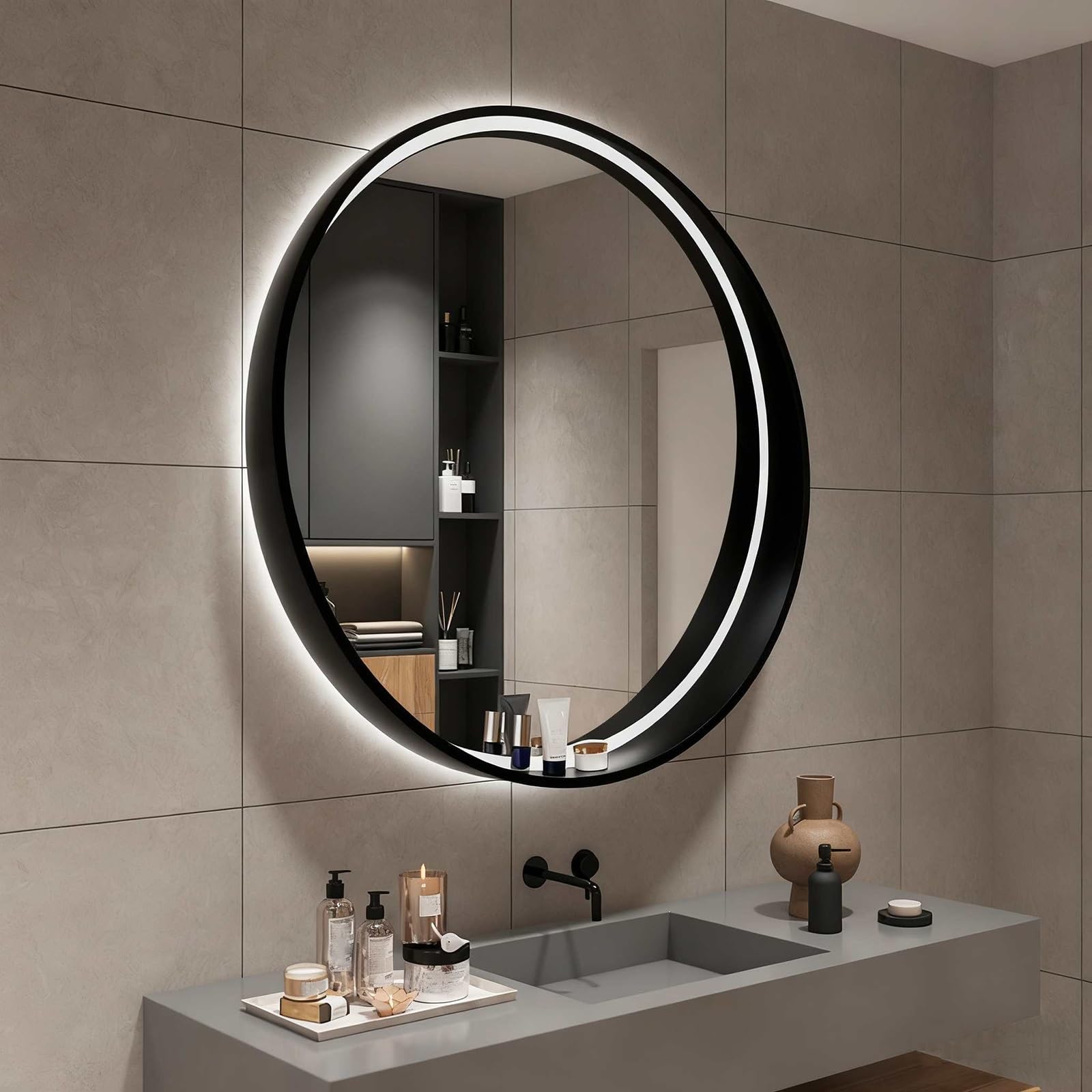 SXFSDOU Lighted Round Bathroom Mirror with Anti-Fog, Illuminated Makeup Touch Sensor and Shelf, Dimmable 3-Color LED