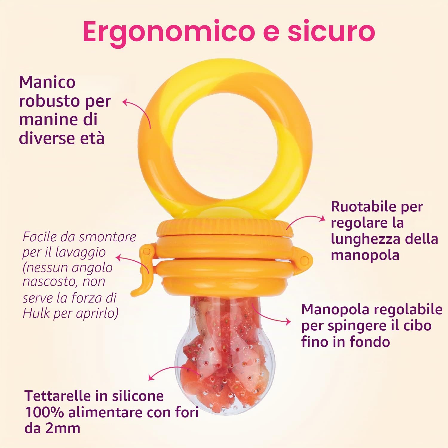 Ciuccio per Frutta Neonati Alimenti NatureBond (2 Pezzi) – Gioco per Stimolare la Dentizione dei Bambini in Colori che Stimolano l’Appetito (Giallo e Aranciona)