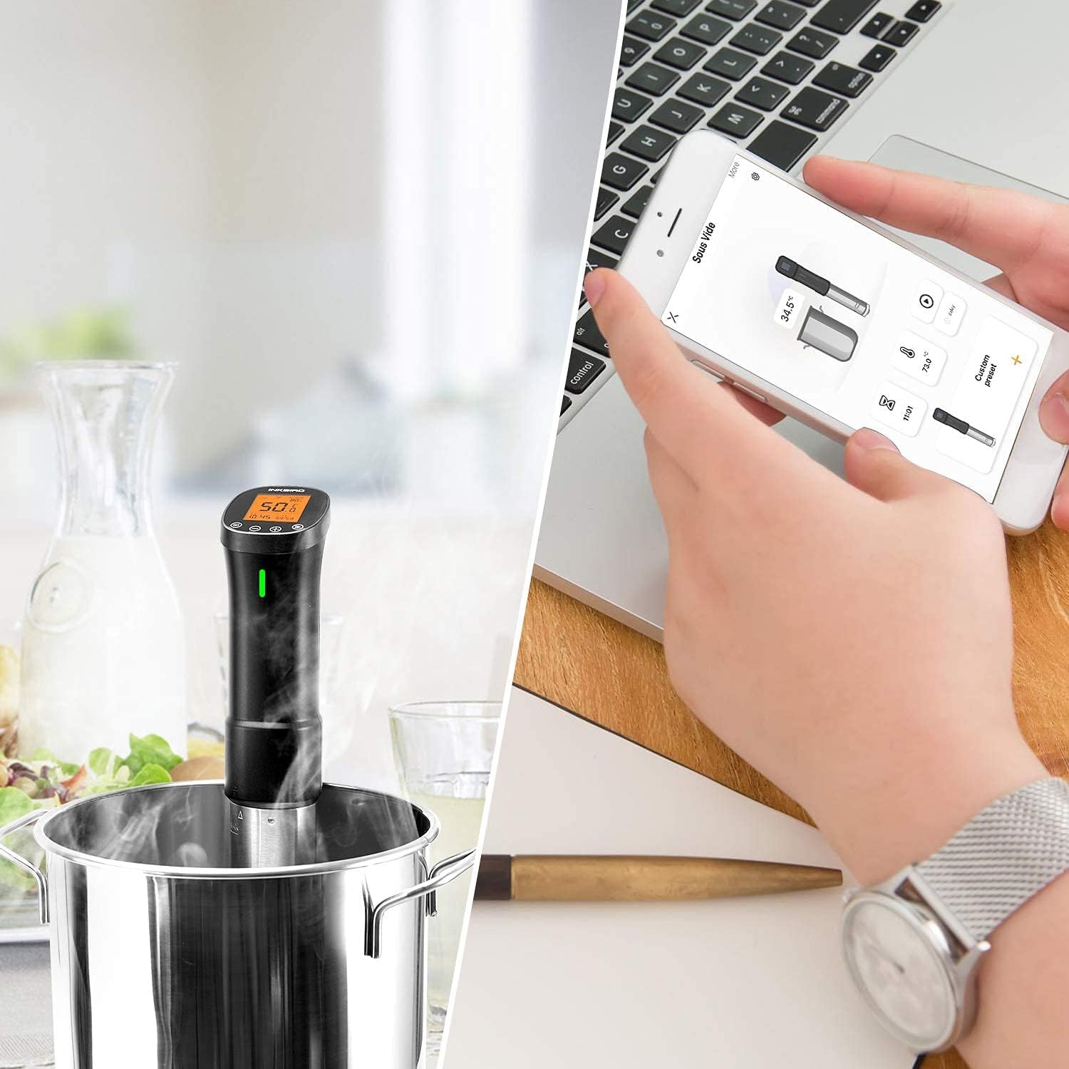 Inkbird Wi-Fi ISV-200W Sous Vide Roner Aparato de Cocina Precisión Circulador de Inmersión Termal con Pantalla LCD Naranja, 1000W Temporizador Ajuste de Temperatura, Máquina de Cocción al Vacío