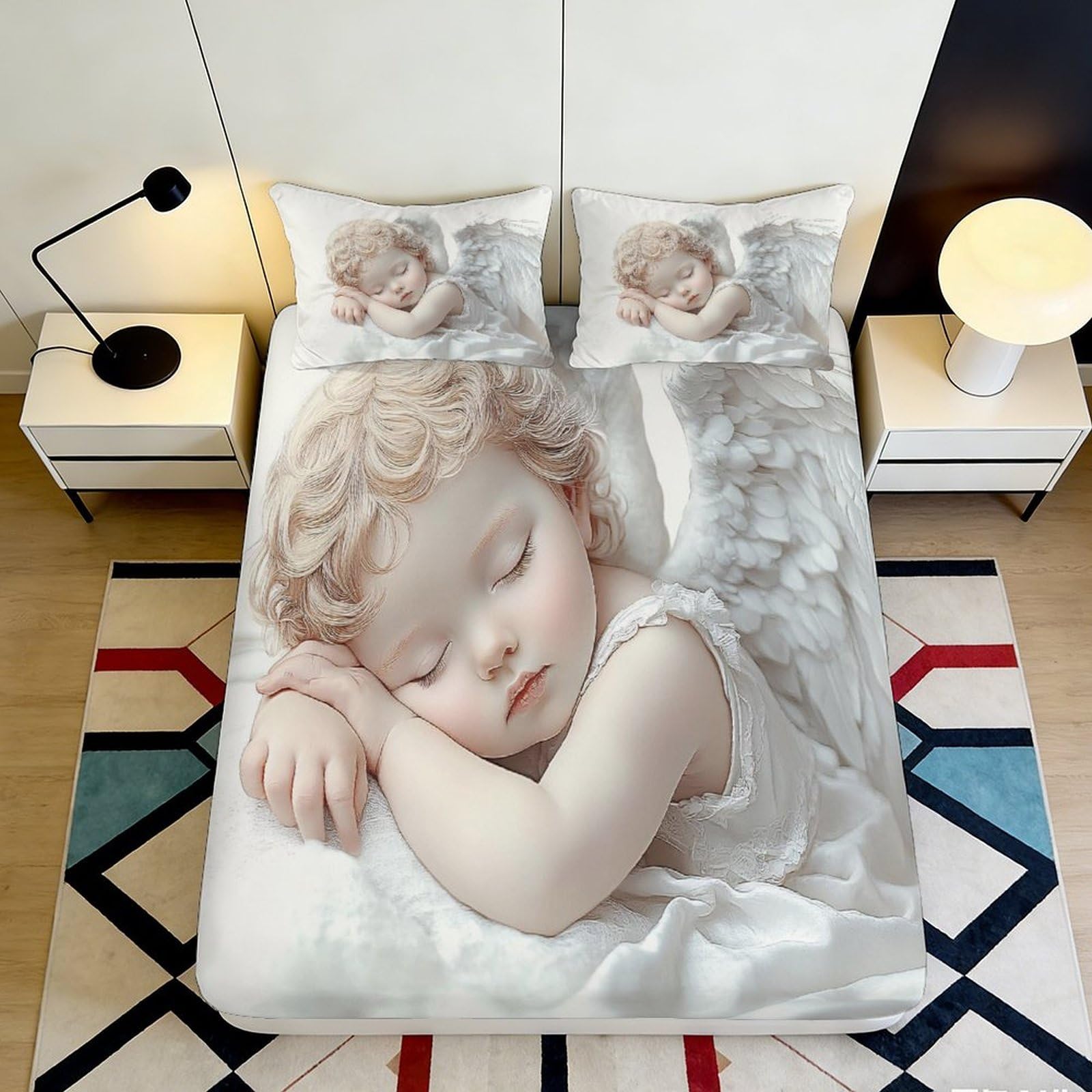 3D Printed Angel Wings Fitted Sheet Microfiber Soft Mattress Cover Cherub Art Decor for Bedroom Dorm All Ages 120x200x25cm