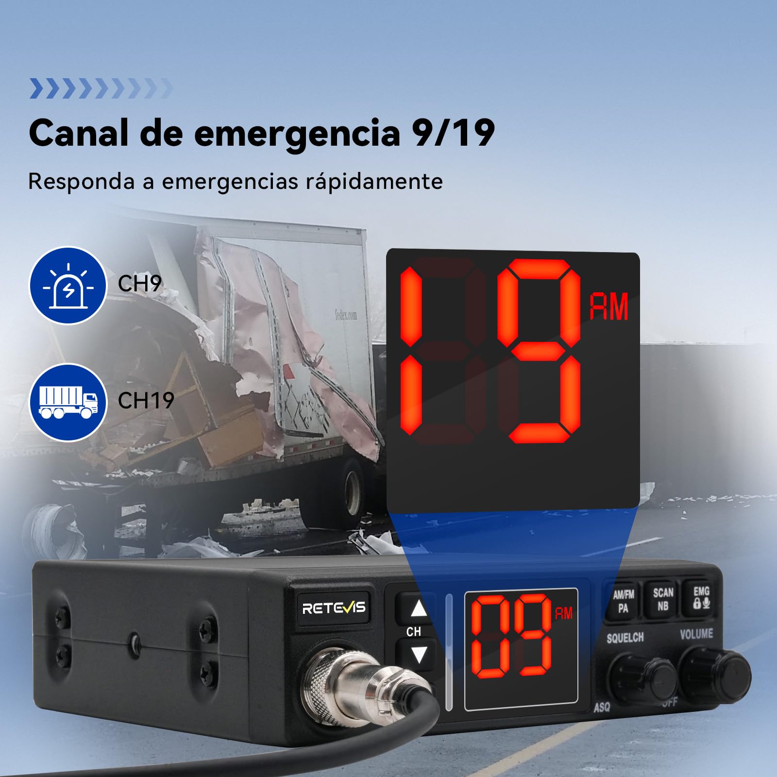 ‌Retevis MB63A Radio CB, Emisora CB Am/FM con Filtro de Ruido (NB/ANL), Sistema de Refrigeración, Enchufe de Mechero, Compatible 12V/24V, Megafonía, VOX, Emergencia CH9 para Camiones