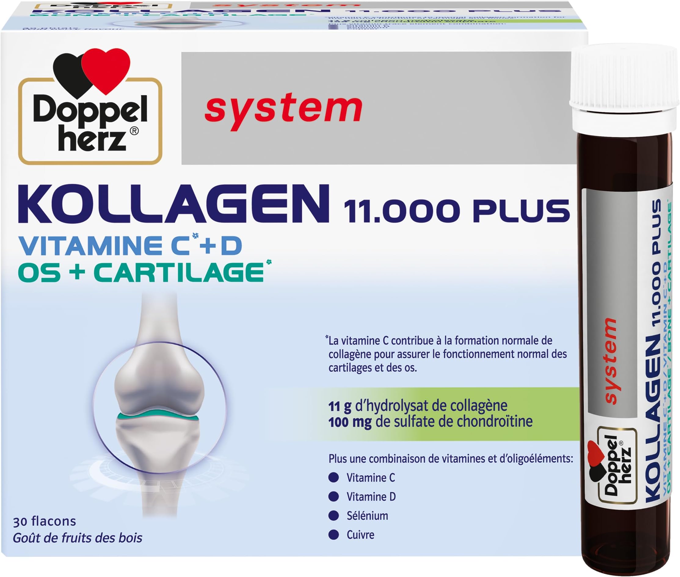 Doppelherz - Kollagen 11000 Plus - Collagen hydrolysate, chondroitin Sulphate, Vitamins C and D and Trace Elements - for Bones, cartilages and tendons - Wild Berry Flavour - 30 Bottles of 25ml