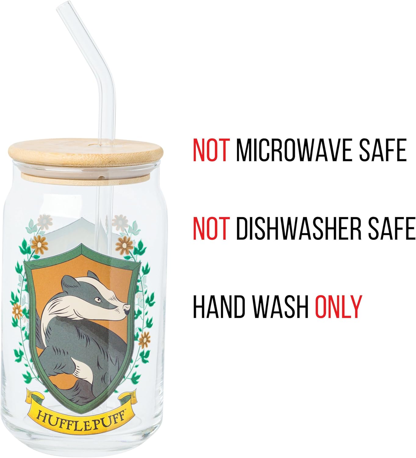 Silver Buffalo Harry Potter Hufflepuff House Crest Glass Tumbler with Bamboo Lid and Glass Straw, 16 Ounces - Image 3