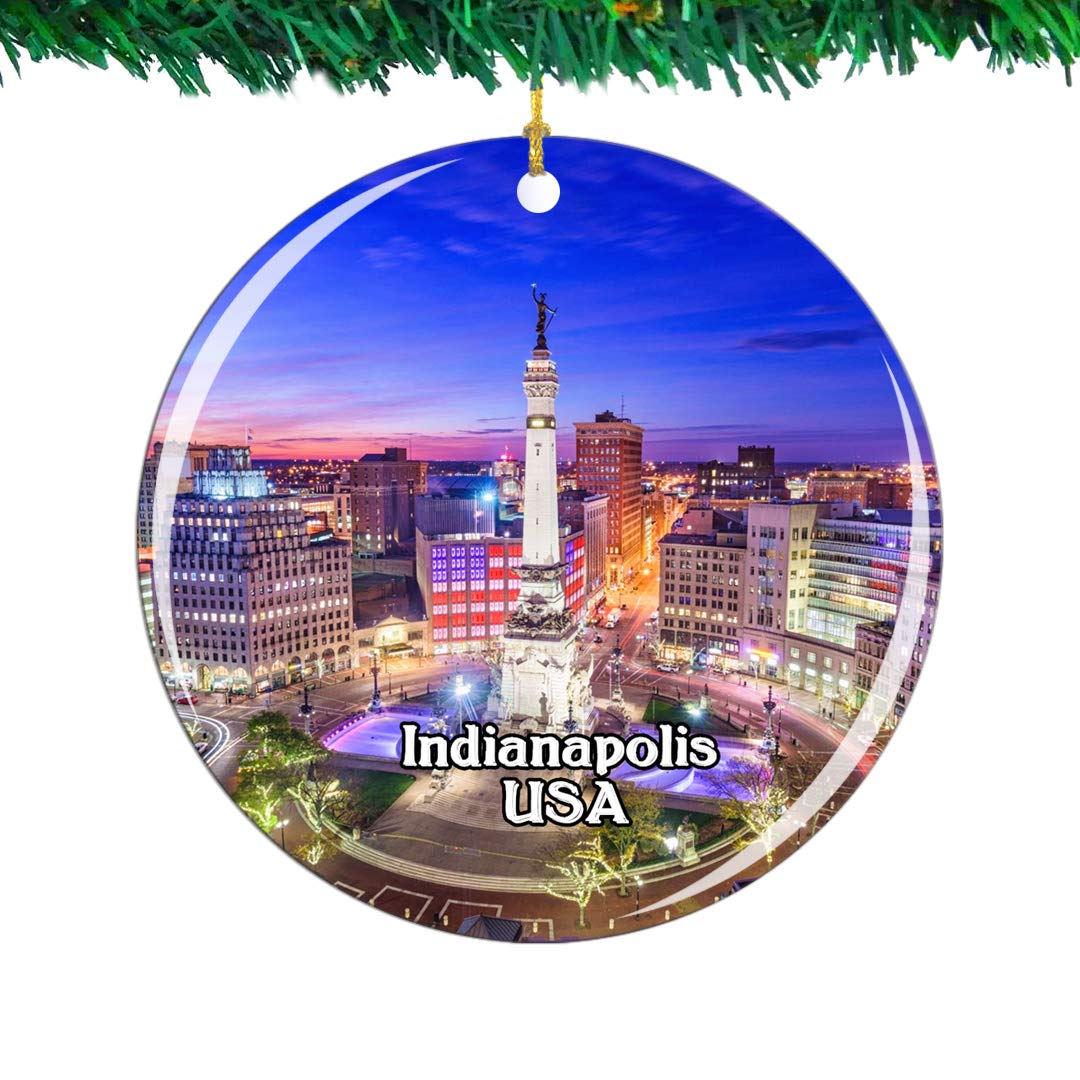 WeekinoUSA America Monument Circle Indianapolis Christmas Ornament City Travel Souvenir Collection Double Sided Porcelain 2.85 Inch Hanging Tree Decoration