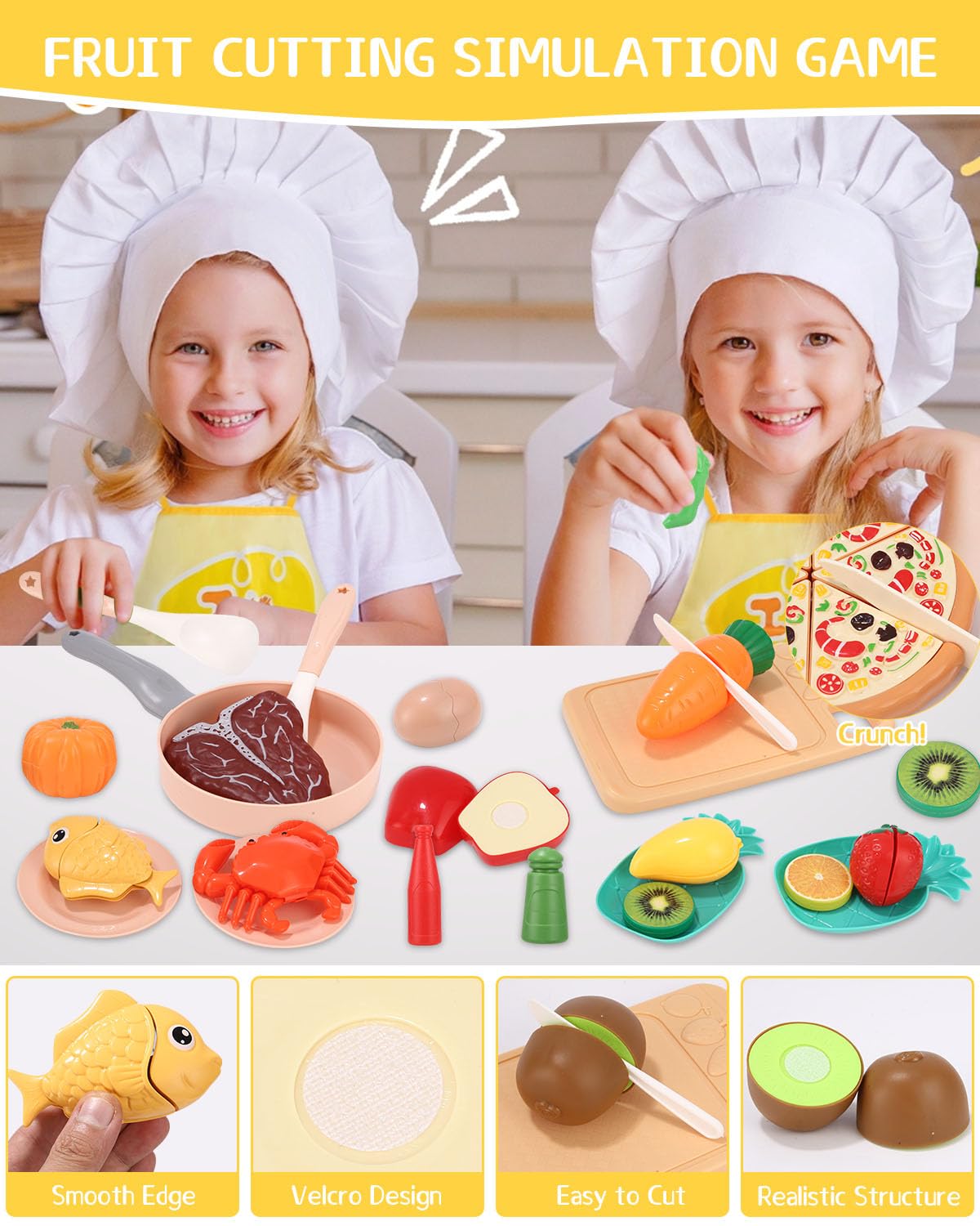Accessoire Cuisine Enfant Ensemble Dinette Enfant Ustensile Fruits et Légumes Jouet à Couper de Jouet imitant Jeu de Role Chef Kit Cuisine Enfant avec Nourriture Jouet Couteau