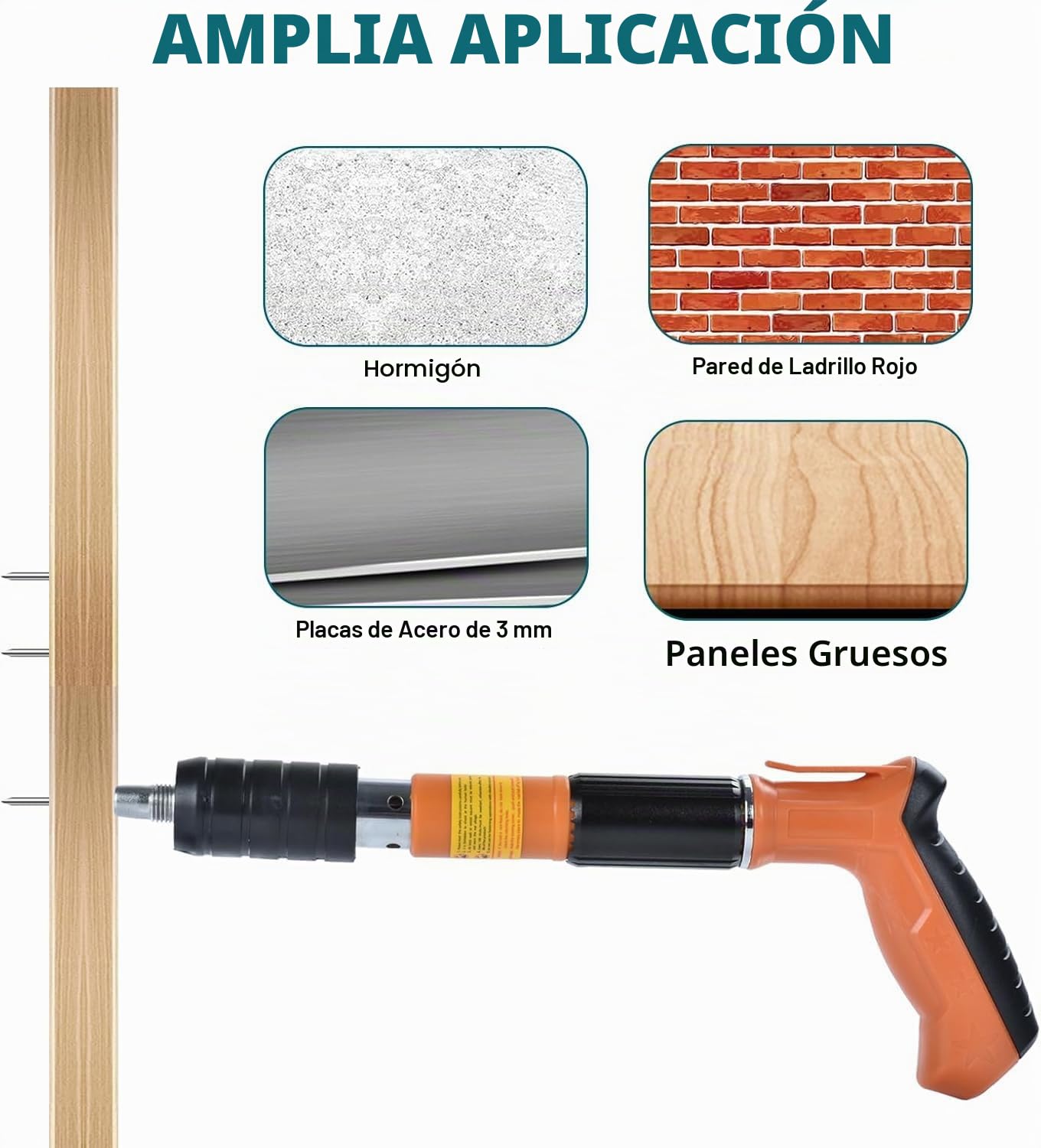 Clavadora Beton inalámbrica,Pistola de uñas neumática Kit,Pistola manual de uñas con 5 niveles de ajustable,Pistolas de uñas portátiles con 120 clavos redondos,Gafas guantes (naranja)