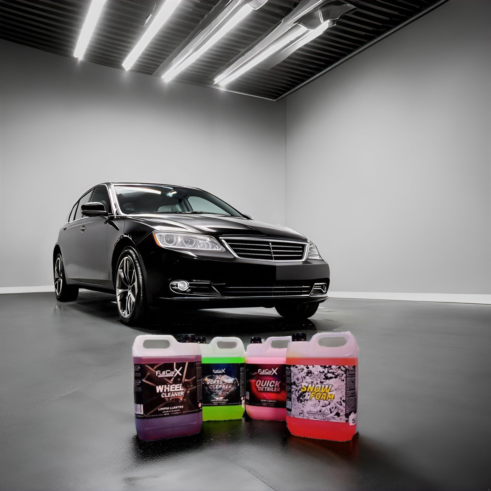 AutoFullCar - Pack Básico Limpieza de Coche para Profesionales del Detailing FullCarX - 4 garrafas de 5 Litros - Limpia Llantas + Limpia Cristales + Cera Líquida Quick Detailer + Champú Activo