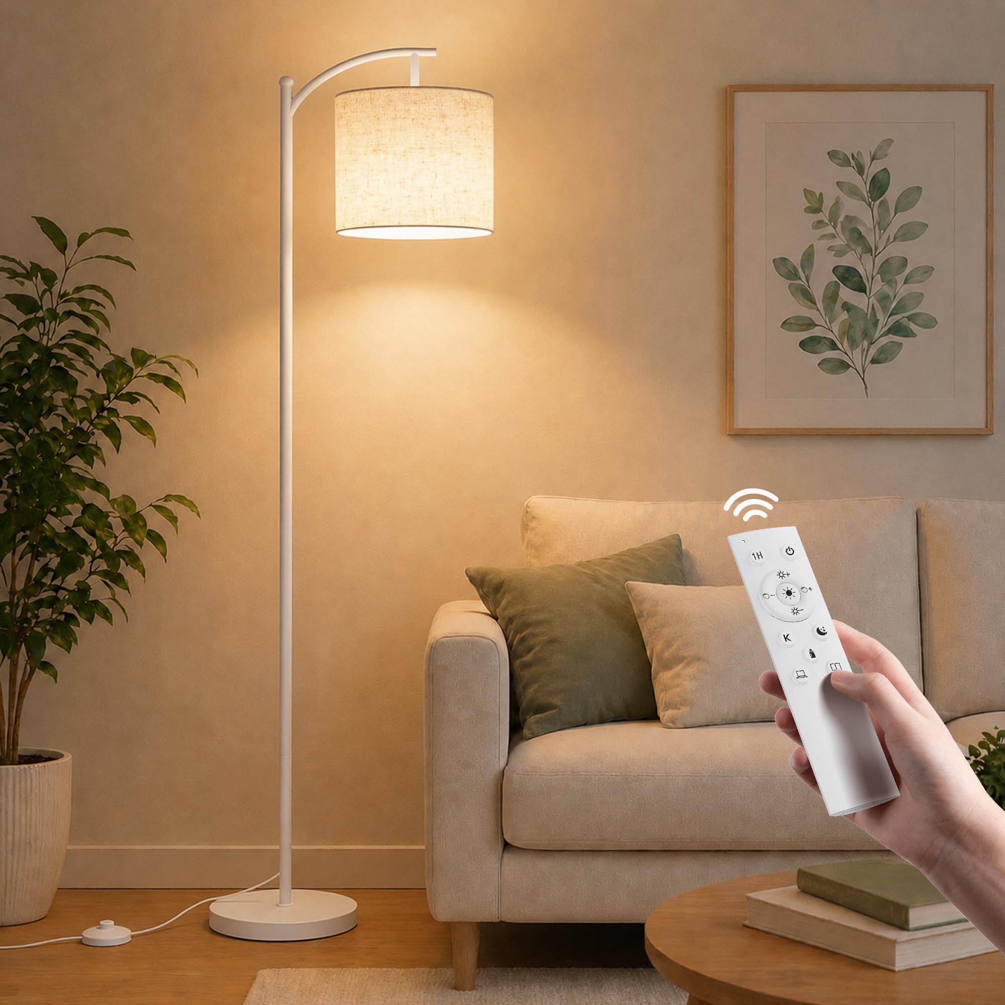 Torkase LED Bogenlampe Wohnzimmer, Dimmbare Stehlampe mit Stoffschirm, Retro Stehleuchte 2700K-6500K, 4 Farbtemperaturen & 10%-100% Helligkeit, Leselampe mit Pedalschalter Weiß