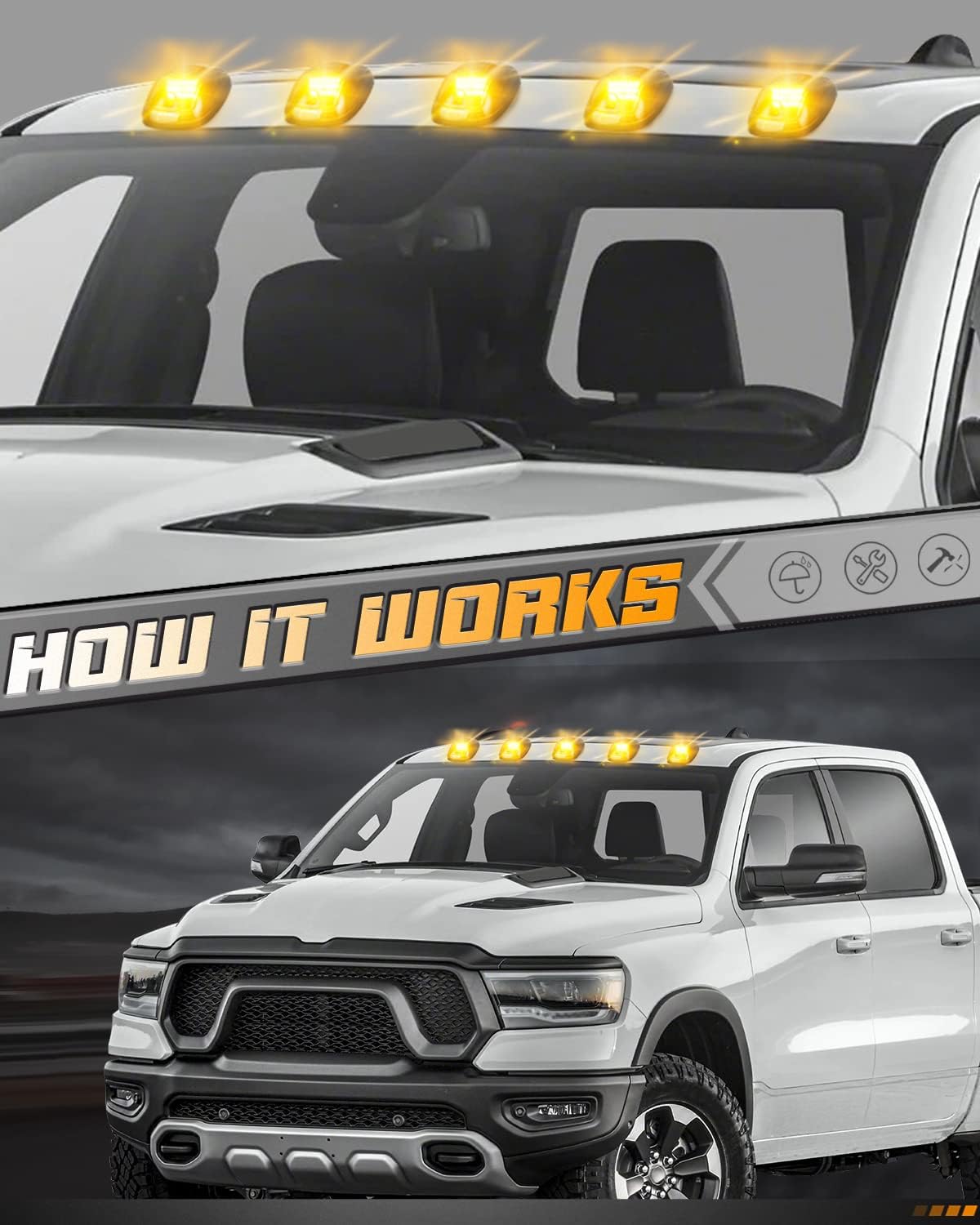 HERCOO 5PCS Smoke Lens Cab Marker Lights Clearane LED Running Roof Top Marker Light Assembly with Wire Harness Compatible with Doge Ram 1500 2500 3500 4500 5500 2003-2018 Pickup Trucks, Amber