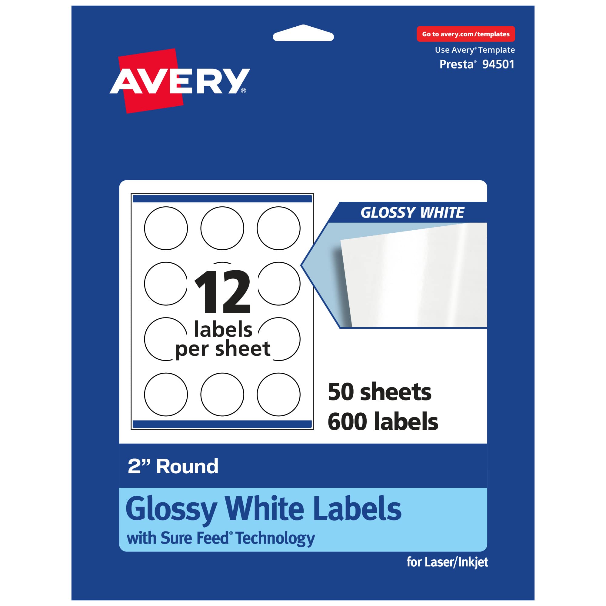 Avery Round Labels, Sure Feed Technology, 2" Diameter, 600 Glossy White Labels (36497)