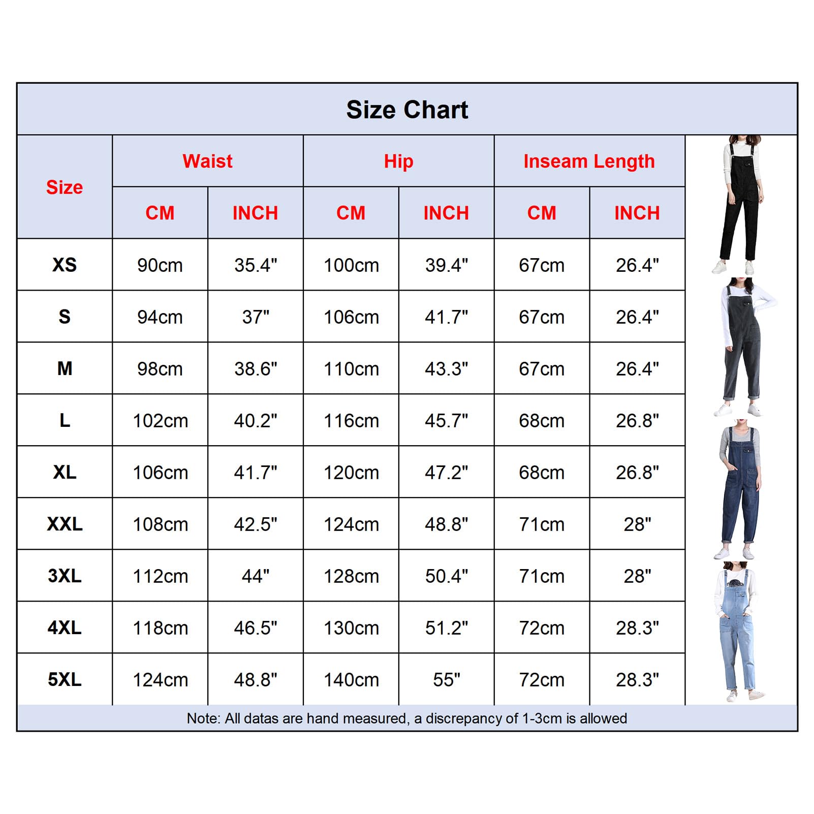 Donna Taglie Forti Salopette in Denim Stretch Lungo Overall Tuta Intera Jumpsuit Pantaloni Jeans con Pettorina (XS-5XL)