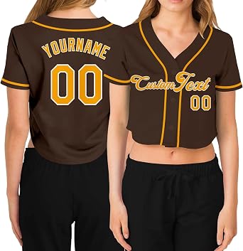 Custom Womens Cropped Baseball Jersey,Personalized Crop Top Button Down T-Shirts Short Sleeve V-Neck Blouse Button Up Jersey