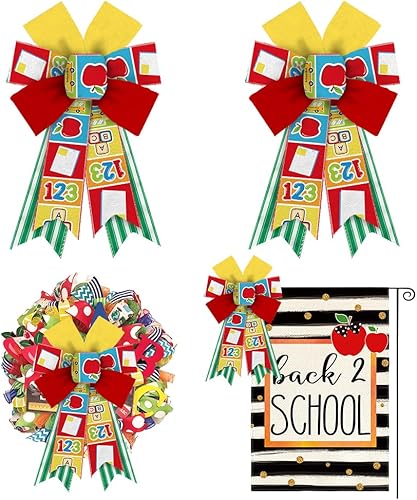 2 lazos de vuelta a la escuela para corona, lazos de corona de profesores a rayas verdes, lazos de roca multicolor para puerta delantera, lazos