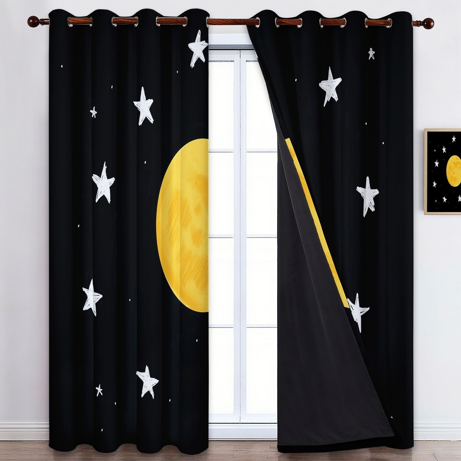 Cortinas Opacas Termicas Aislantes Frio y Calor de Casa Cortina 100% Blackout Libro Ilustrado Infantil Estrellas Y Luna, Acustica con Ojales para Salon Dormitorio 2 Piezas, Negro, 91.5 x 214 cm