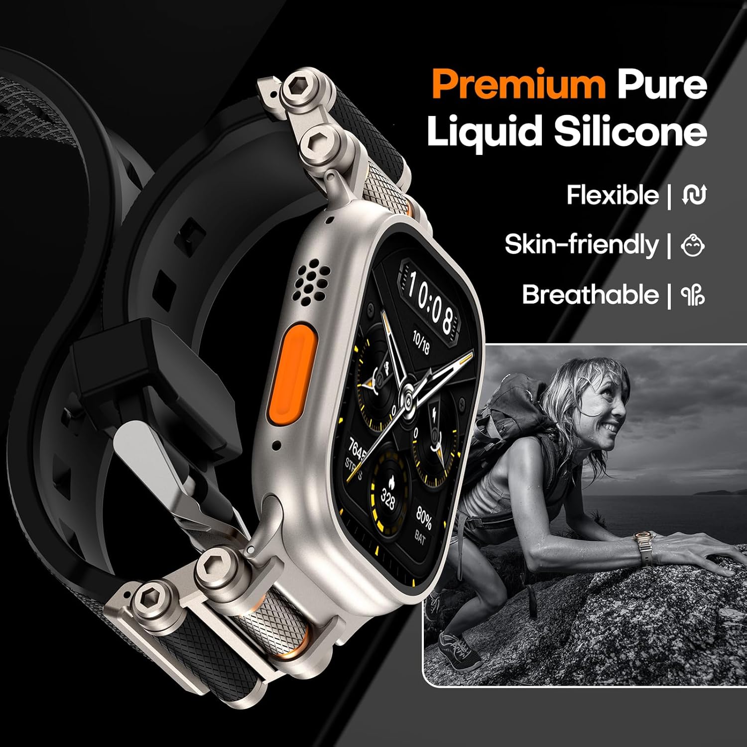 TAURI Silicone for Apple Watch Bands Ultra 3/2/1 49mm [Liquid Silicone Strap + Stainless Steel Metal Connector] Sport Band for iWatch 49mm Adjustable Band Men Women, Black - Image 3