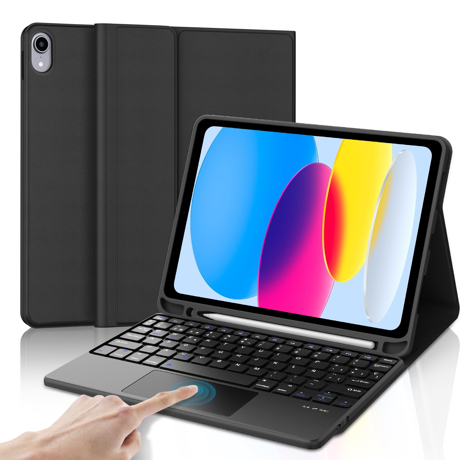 Funda Teclado para iPad A16 11 Generación 2025/10 Gen 2022 11/10.9 Pulgadas | Keyboard Touchpad, QWERTY Español Ñ, Bluetooth Magnético Desmontable Teclado Trackpad con Portalápices, Negro
